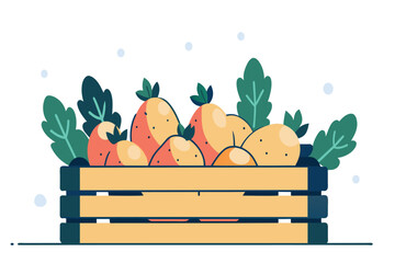 Assorted fruits and greens in a crate on a simple background