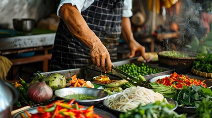 Obraz premium Exploring Culinary Delights A Traveler Dives into Foreign Cuisine Research Online