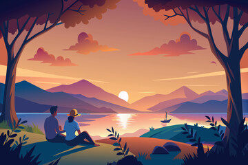 A couple sits by a lake, watching the sunset behind mountains
