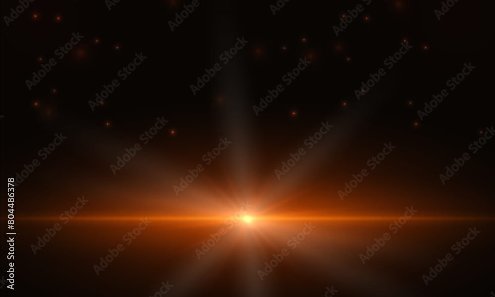 Poster Dark abstract cosmic background with light flare and bright rays of light. Vector illustration with bright orange and yellow flashes and highlights.