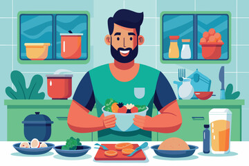 A cheerful man eats a healthy salad in a well-equipped kitchen