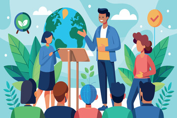 A teacher educates attentive students about the Earth in a natural setting