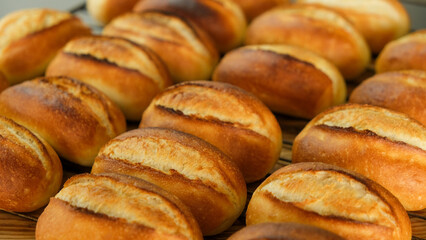 Close up fresh small baked bread isolated background. 