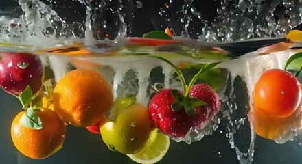 Colorful splash created by fresh fruits and vegetables falling into water. Concept Food Photography, High-Speed Action, Colorful Splash, Fresh Ingredients, Vibrant Experiments