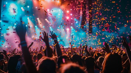 A lively crowd of people at a concert, cheering and raising their hands as confetti fills the air, adding to the energetic atmosphere.