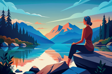 A woman sits by a lake, enjoying a tranquil mountain sunset