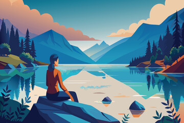 A person sits by a tranquil lake surrounded by mountains