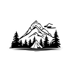 A tent is set up in the woods with a mountain in the background