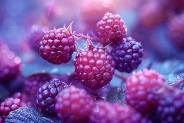A vibrant close-up of ripe raspberries glistening with dewdrops against a dreamy background of soft...