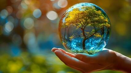 Crystal Ball Held by Hand with Tree Symbol: Environmental Protection. Concept Environmental Protection, Symbolism, Crystal Ball, Nature Conservation, Hand with Tree