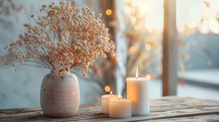 home decor ideas, a wooden table adorned with dried flowers and candles creates a cozy and relaxed atmosphere, enhancing the home decor with a touch of warmth