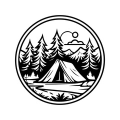 A tent is set up in the woods with a mountain in the background