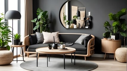 The mock-up poster frame, round black coffee table, wooden sideboard, chic chair, plants, rack, lamp, and individual accessories are all part of the living room's interior design. interior design.