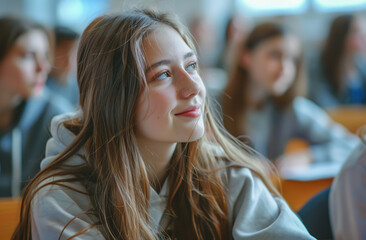 Cute girl sitting in the classroom, listening to class and smiling.