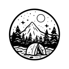 A tent is set up in the woods with a mountain in the background