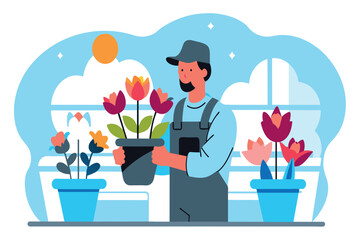 A gardener with potted tulips in a bright, sunny greenhouse
