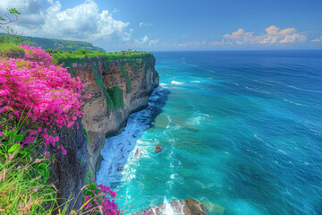 Uluwatu point in Bali, blue sea and turquoise water, green grass on the cliffs with pink flowers....