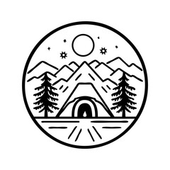 A tent is set up in the woods with a mountain in the background