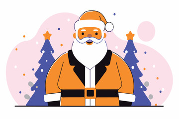 Santa Claus in an updated orange outfit with a Christmas backdrop