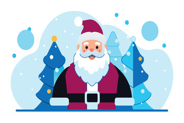 A cheerful cartoon Santa against a backdrop of blue Christmas trees