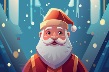 Cartoon Santa smiles amidst a snowy, moonlit night