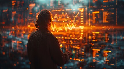 Create a dynamic scene where a trader interacts with a 3D holographic projection of stock market charts and forex rates, illustrating the advanced technologies in modern trading.