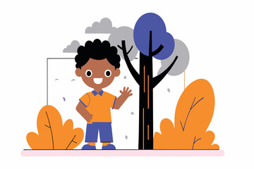 A cheerful animated boy waves from an autumnal park scene