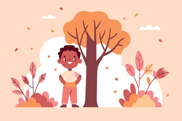 A happy boy stands near a colorful tree with falling leaves