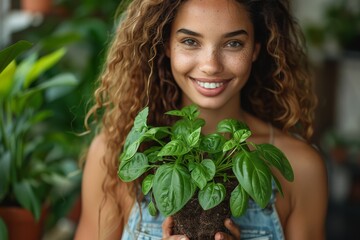 A young woman with curly hair and a denim outfit holds a healthy green basil plant with a vibrant smile