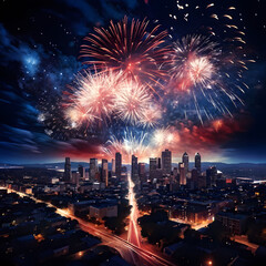 Beautiful amazing colorful fireworks in a dark night sky under the skyscrapers, cityscape, city top view, buildings, megapolis, celebration, 4th July, Independence Day, New Year, holidays