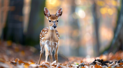 Cute little deer fawn in the forest, autumn leaves