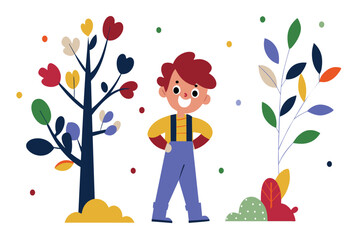 A cheerful boy stands with hands on hips among vibrant, whimsical flora