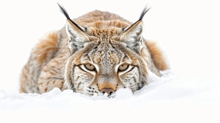 Naklejka premium A lynx crouches in the snow, its eyes fixed on its prey
