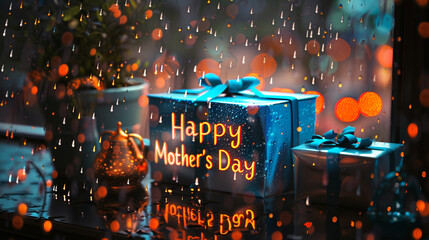 Happy Mother's Day on a rainy day window background with a raindrop blue gift box. Shiny text word colors.