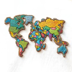 A colorful map of the world embroidered on a white background