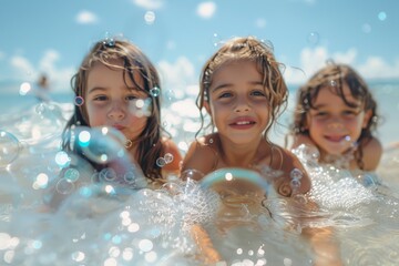 Three smiling young girls submerged in sea water surrounded by glistening soap bubbles enjoying summer