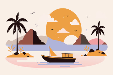 A tranquil scene of a boat sailing at sunset with mountains and palms
