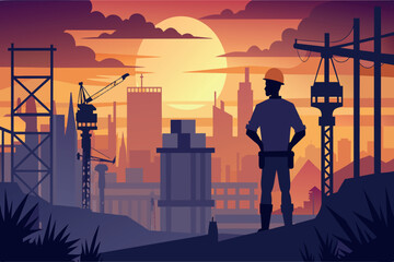 Worker gazes at urban construction scene against a setting sun