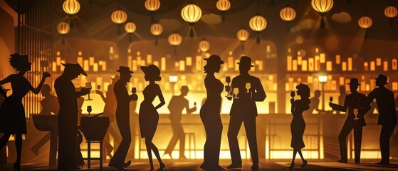 A speakeasy in the 1920s. Men and women in flapper dresses and fedoras are drinking and dancing. The room is dimly lit and there is a jazz band playing in the background.