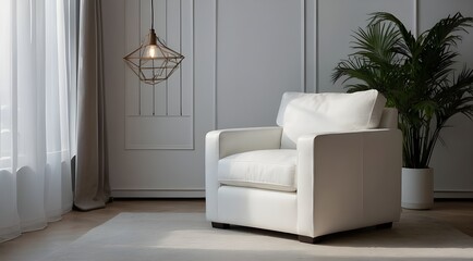 Product photography, the product is a white armchair placed in one corner of the living room. 