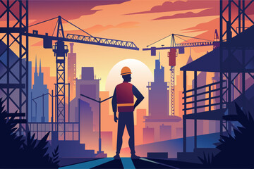 A silhouette of a builder with cranes and city skyline at dusk