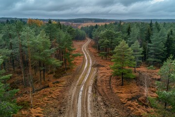 Fototapeta premium A tranquil image capturing the essence of autumn with a dirt road cutting through a forest with vibrant fall colors