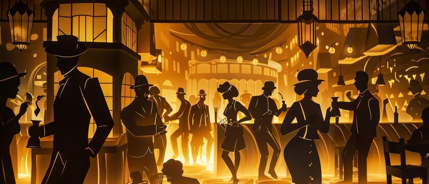 1920s, Art Deco, jazz club, people dancing, silhouettes, warm colors, elegant, sophisticated, stylish, fashionable, Gatsby, high society, champagne, cocktails, music.