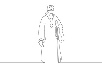 Orthodox priest. Christian minister of worship. Male priest in full length in religious vestments.Religion. One continuous line . Line art. Minimal single line.White background. One line drawing. 