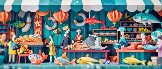 A bustling fish market with a variety of stalls selling different types of seafood. There are people buying and selling fish, and the market is full of color and activity.
