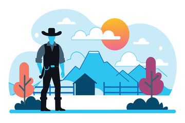 A stylized cowboy silhouetted against a ranch backdrop at dusk