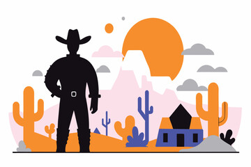 A cowboy silhouette with cacti and a setting sun backdrop