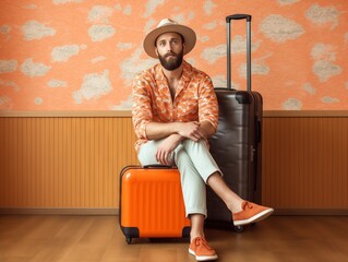 man sitting on top of an orange suitcase, wearing stylish shoes and a hat in the retro room style, next to him is a black luggage. The background features light pink wallpaper and wooden flooring