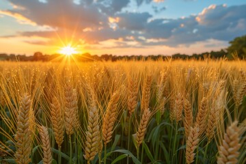 Naklejka premium A serene, golden hour image capturing the warm sunlight bathing a field of ripe wheat, symbolizing abundance and nature's beauty