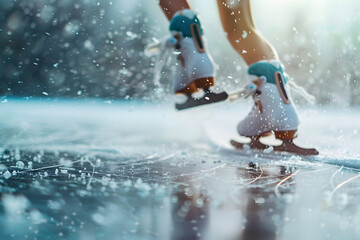 Naklejka premium A close-up of a figure skater's blade cutting into the ice, capturing the precision and elegance of the movement, with ice particles flying
